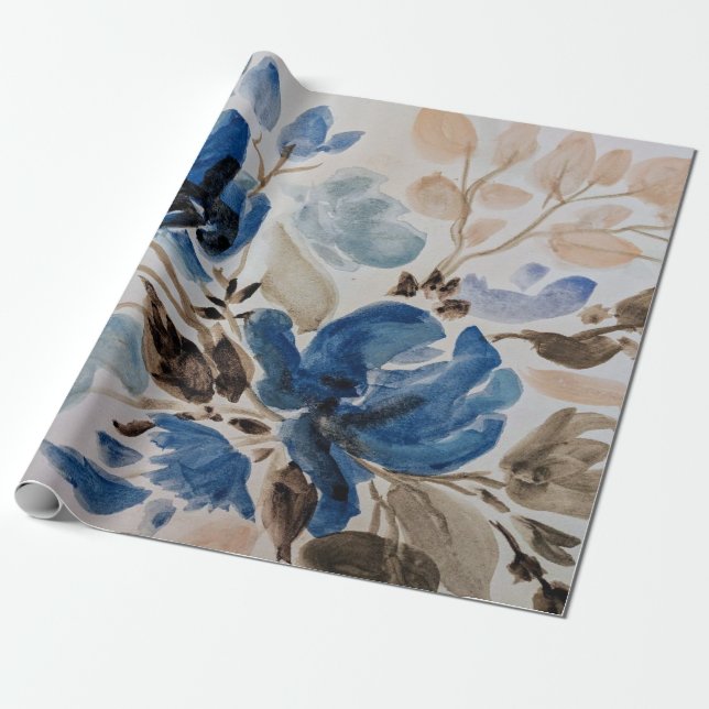 Papier Cadeau Papier d'emballage d'aquarelle (fleurs bleues) (Déroulé)