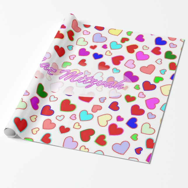 Papier Cadeau Papier d'emballage de coeurs multi roses de bat (Déroulé)