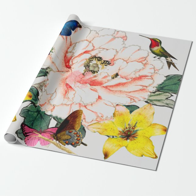 PAPIER CADEAU PAPIER D'EMBALLAGE DE COLIBRI ET DE FLEUR (Déroulé)