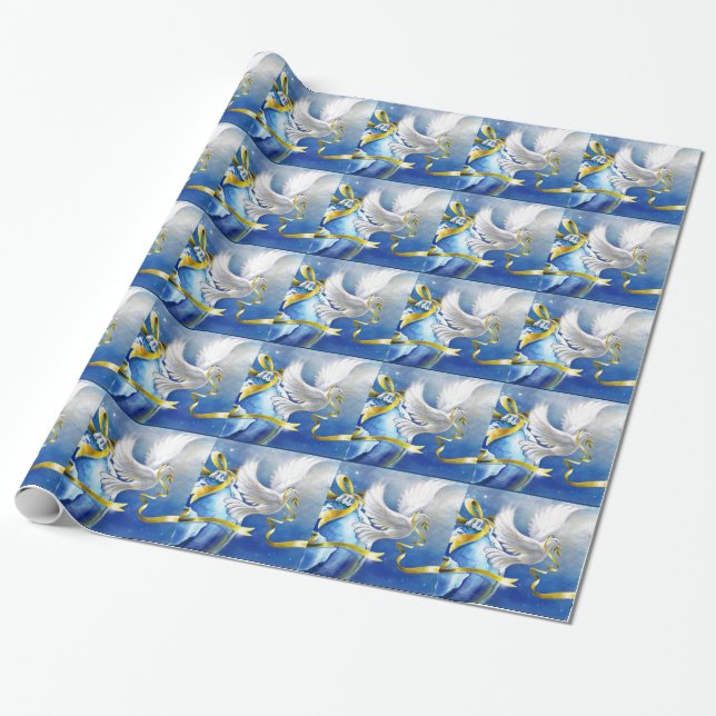 Papier Cadeau Papier d'emballage de colombes d'or de Noël blanc (Déroulé)