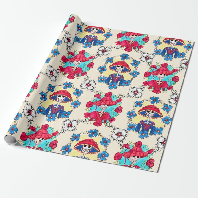 Papier Cadeau Papier d'emballage de crânes mexicains (Déroulé)