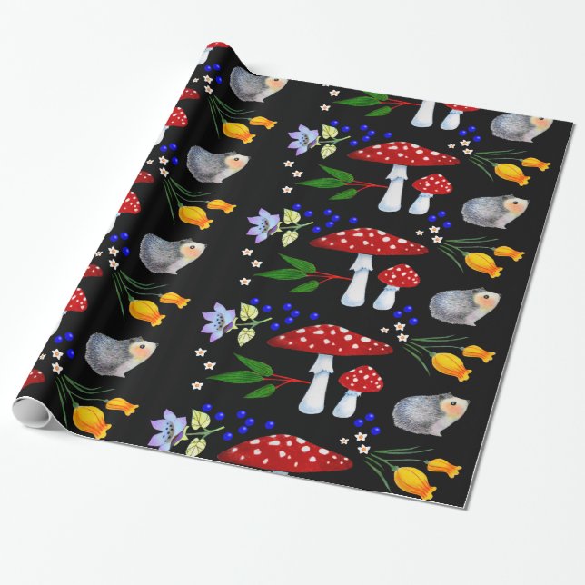Papier Cadeau Papier d'emballage de hérissons de jardin de nuit (Déroulé)