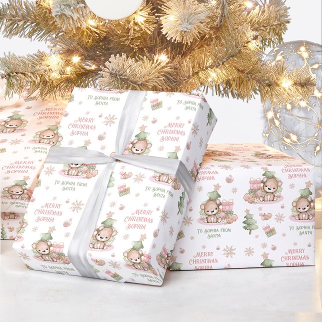 Papier Cadeau Papier d'emballage de Noël Fille Nom Ours rose (Christmas wrapping paper Girl Name Pink Bear)