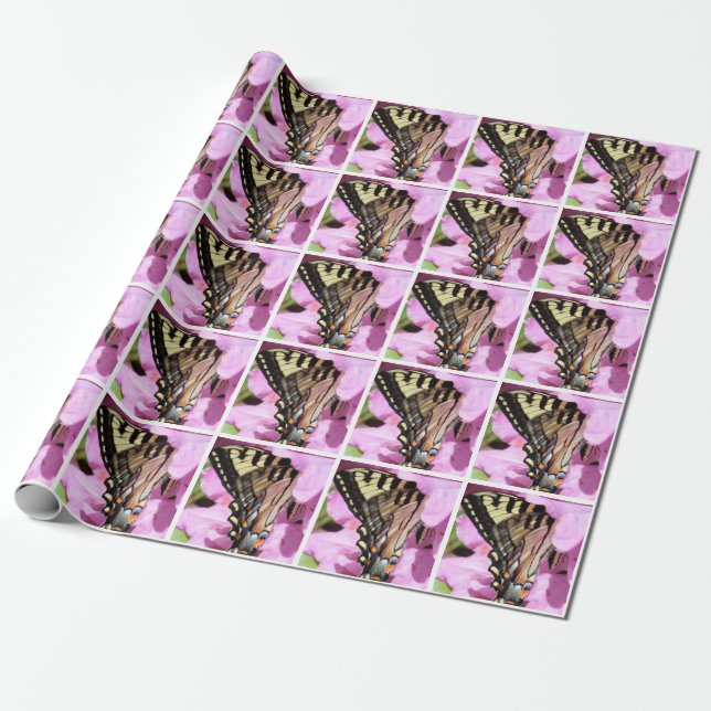 Papier Cadeau Papier d'emballage de papillon avec la fleur rose (Déroulé)