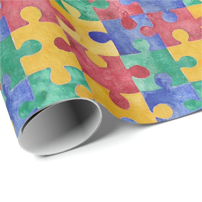 Papier Cadeau Papier d'emballage de puzzle d'aquarelle d'autisme (Coin rond)