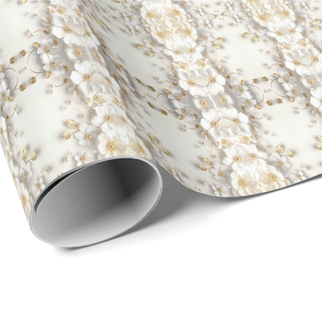Papier Cadeau Papier d'emballage feuilles de fleurs blanc ivoire (Coin rond)