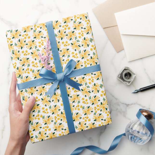 Papier Cadeau Papier d'emballage floral aquarelle jaune jardin (Cadeaux)