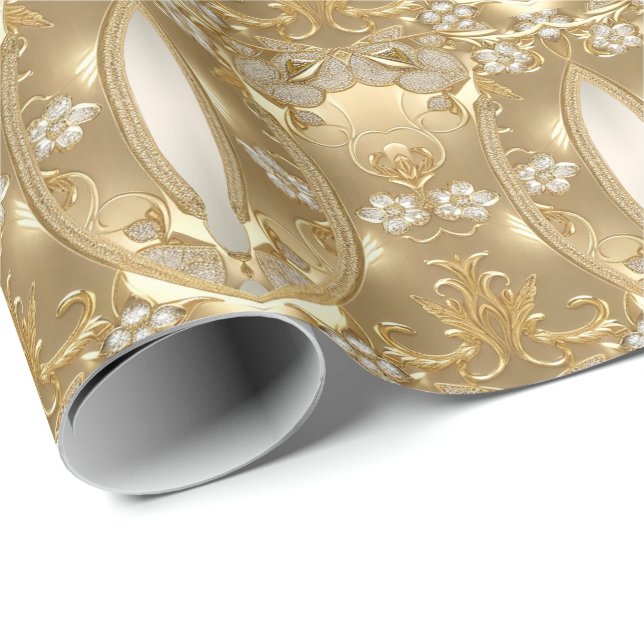 Papier Cadeau Papier d'emballage floral orné or (Coin rond)