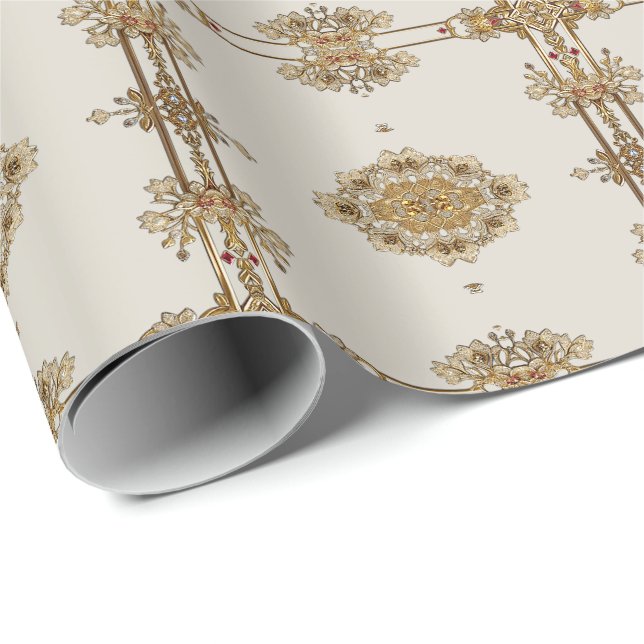 Papier Cadeau Papier d'emballage floral orné or (Coin rond)