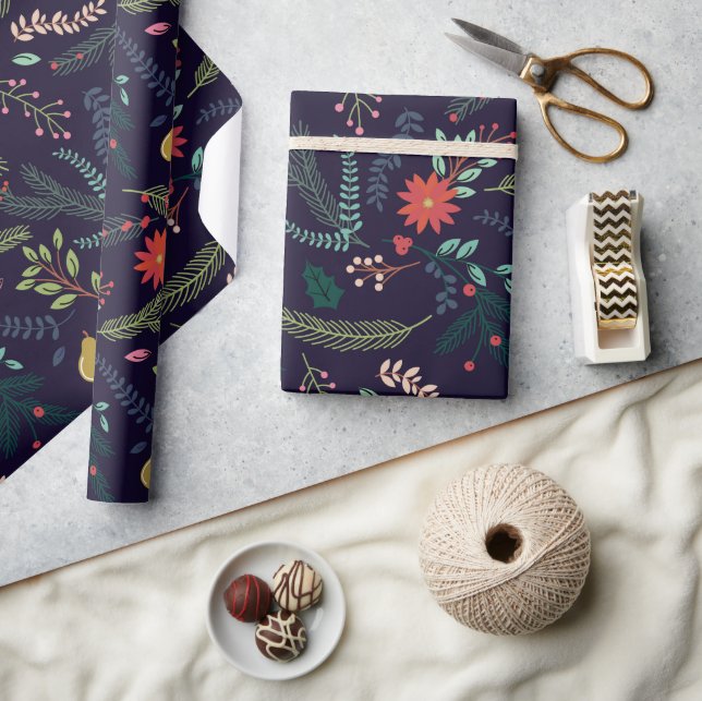Papier Cadeau Papier d'emballage - Flore classique sur bleu (Artisanat)