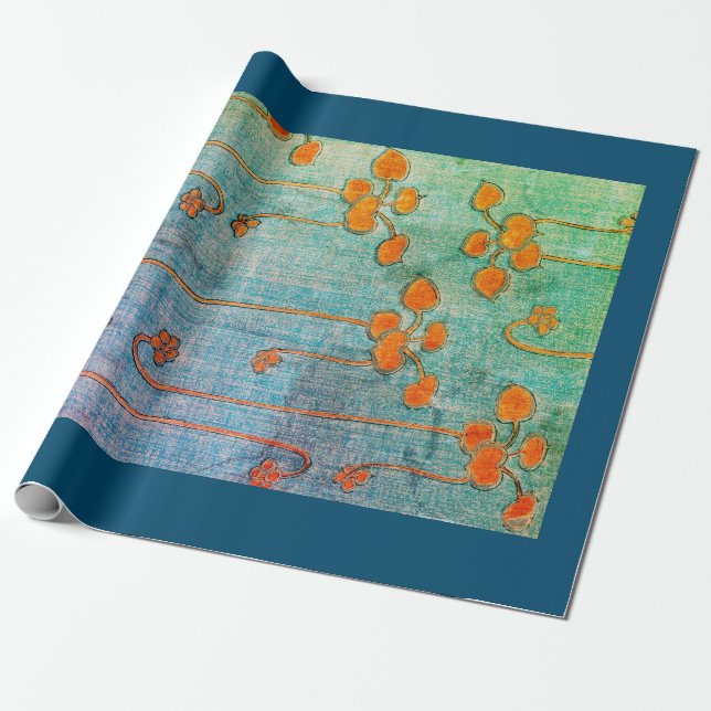 Papier Cadeau Papier d'emballage gravure sur bois ORANGE JAPONAI (Déroulé)