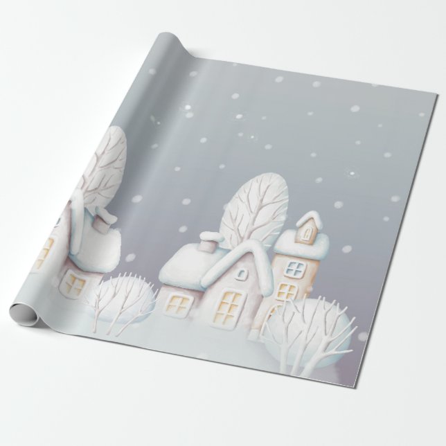 Papier Cadeau Papier d'emballage gris violet maison de neige (Déroulé)