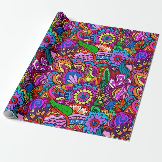 Papier Cadeau Papier d'emballage Hippie Flower Design (Déroulé)