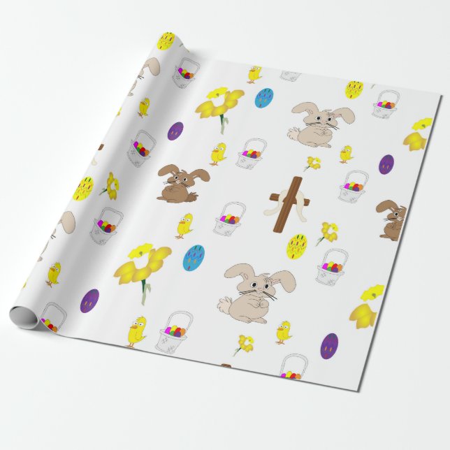 Papier Cadeau Papier d'emballage illustré de Pâques sur le blanc (Déroulé)