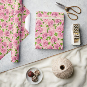 Papier Cadeau Papier d'emballage motif rose d'aquarelle rose