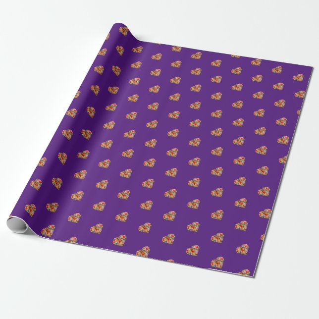 Papier Cadeau Papier d'emballage motif violet de coeur de couleu (Déroulé)