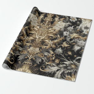 Papier Cadeau Papier d'emballage - Noir, Blanc, Or Floral