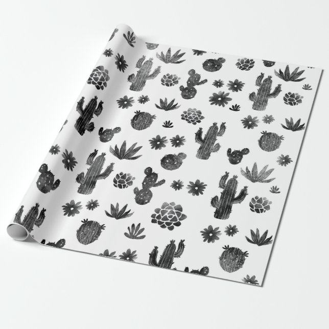 Papier Cadeau Papier d'emballage noir et blanc de cactus (Déroulé)