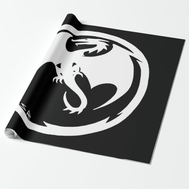 Papier Cadeau Papier d'emballage noir noir Dragon blanc grand (Déroulé)