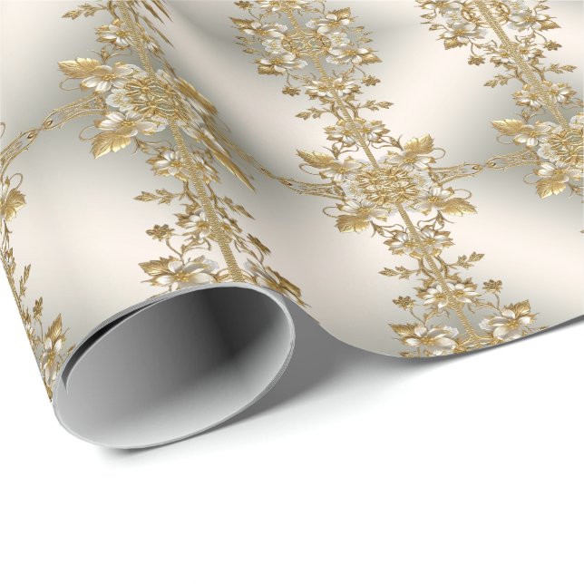 Papier Cadeau Papier d'emballage orné floral blanc or (Coin rond)