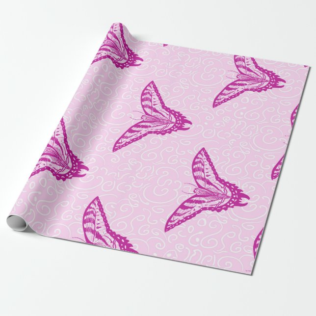 Papier Cadeau Papier d'emballage papillon à queue épaisse rose. (Déroulé)