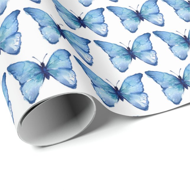Papier Cadeau Papier d'emballage - Papillon bleu aquarelle (Coin rond)
