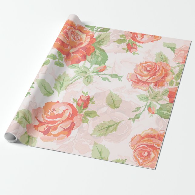 Papier Cadeau Papier d'emballage rose à fleurs orange (Déroulé)