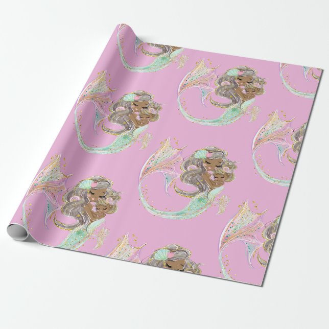 Papier Cadeau papier d'emballage rose marine de sirène (Déroulé)
