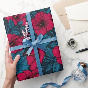 Papier Cadeau Papier d'emballage rouge aux fleurs d'hibiscus