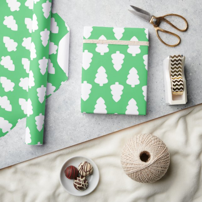 Papier Cadeau papier d'emballage vert avec arbre de noël blanc (Artisanat)
