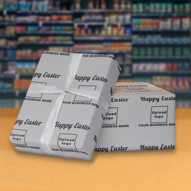 Papier Cadeau Papier d'enlèvement de pâques gris (Gray wrapping paper with seamless pattern of Easter greeting, your business name and logo)