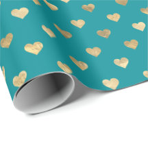 Papier d'enrobage Motif de Coeurs d'or Turquoises