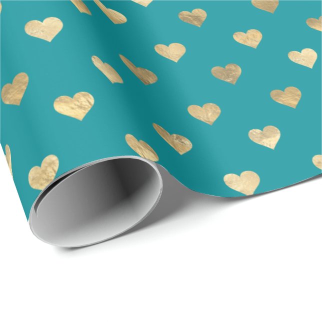 Papier Cadeau Papier d'enrobage Motif de Coeurs d'or Turquoises (Coin rond)