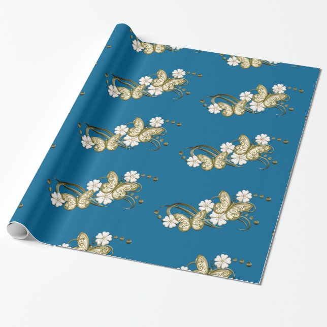 Papier Cadeau Papier d'enveloppement à motifs floraux de papillo (Déroulé)