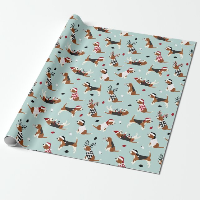 Papier Cadeau Papier d'enveloppement bleu Beagle de Noël (Déroulé)