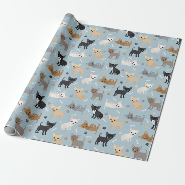 Papier Cadeau Papier d'enveloppement bleu Chihuahua Bones and Pa (Déroulé)
