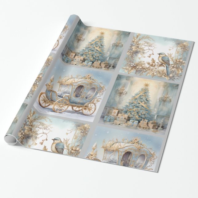 Papier Cadeau Papier d'enveloppement bleu et or (Déroulé)