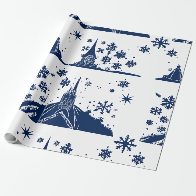 Papier Cadeau Papier d'enveloppement Château de Noël bleu sur bl (Déroulé)