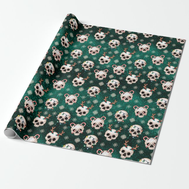 Papier Cadeau Papier d'enveloppement crâne de Noël de Goth Vert (Déroulé)
