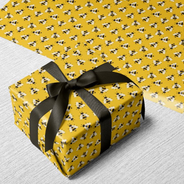 Papier Cadeau Papier d'enveloppement d'abeilles de bourdon illus (Yellow illustrated bee patterned wrapping paper)