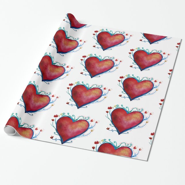 Papier Cadeau Papier d'enveloppement d'aquarelle Coeurs (Déroulé)