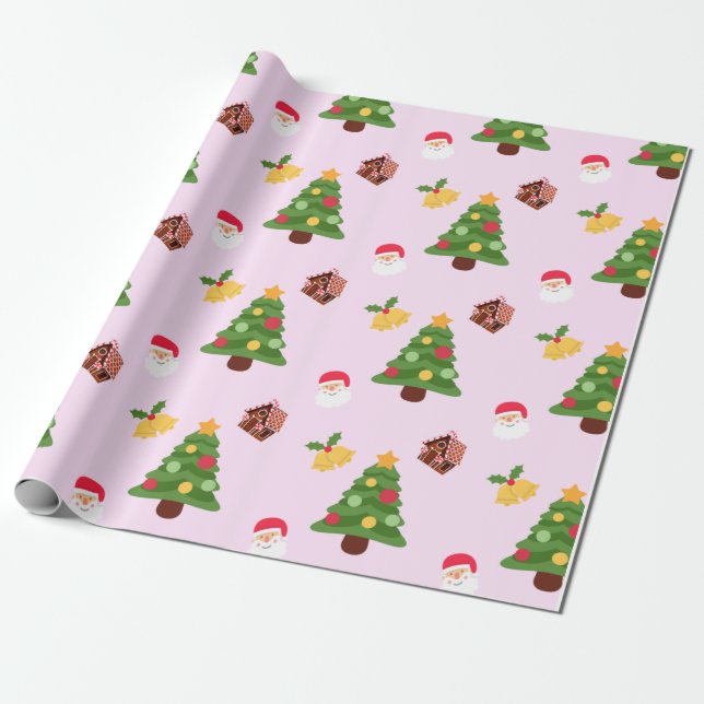 Papier Cadeau Papier d'enveloppement d'arbre de Noël rose (Déroulé)