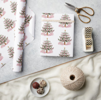 Papier Cadeau Papier d'enveloppement d'arbre de Noël rose