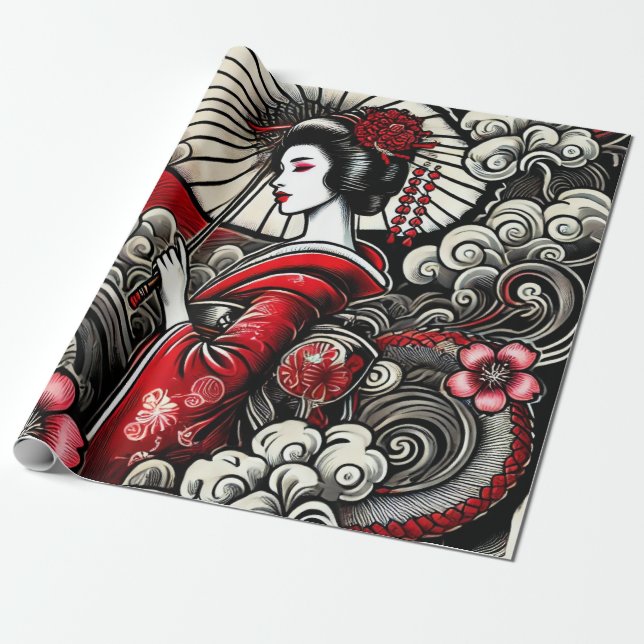Papier Cadeau Papier d'enveloppement d'art Geisha - Enveloppemen (Déroulé)