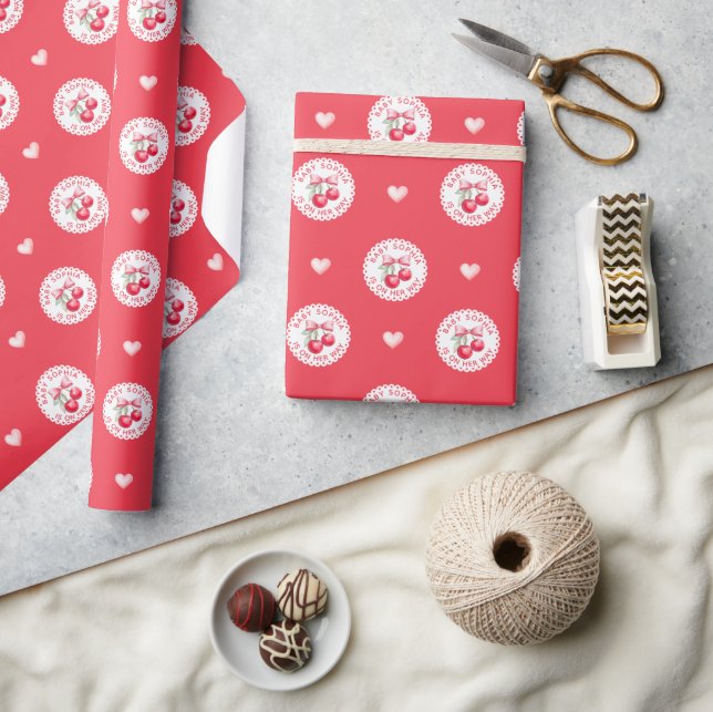 Papier Cadeau Papier d'enveloppement de Baby shower cerise avec  (Artisanat)