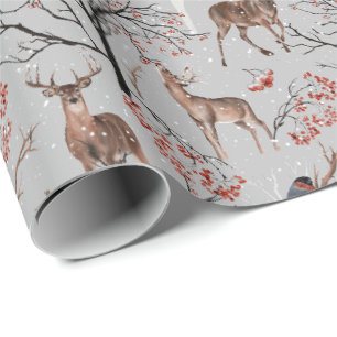 Papier Cadeau Papier d'enveloppement de cerfs et d'oiseaux d'hiv