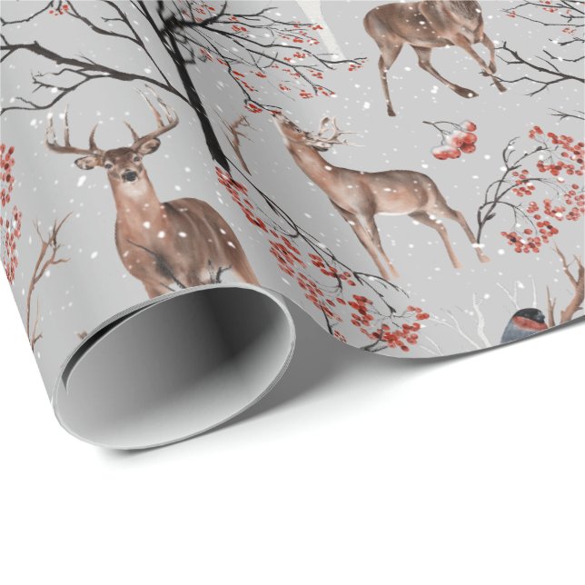 Papier Cadeau Papier d'enveloppement de cerfs et d'oiseaux d'hiv (Coin rond)