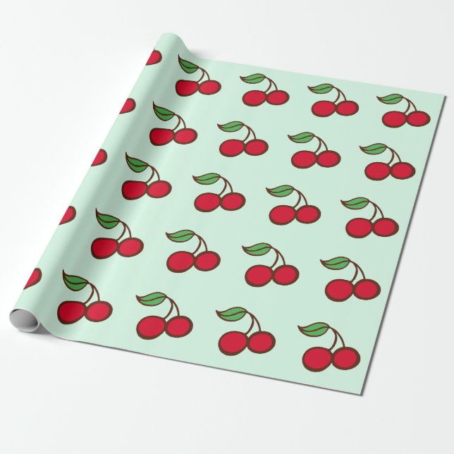 Papier Cadeau Papier d'enveloppement de cerises de Noël vert Min (Déroulé)