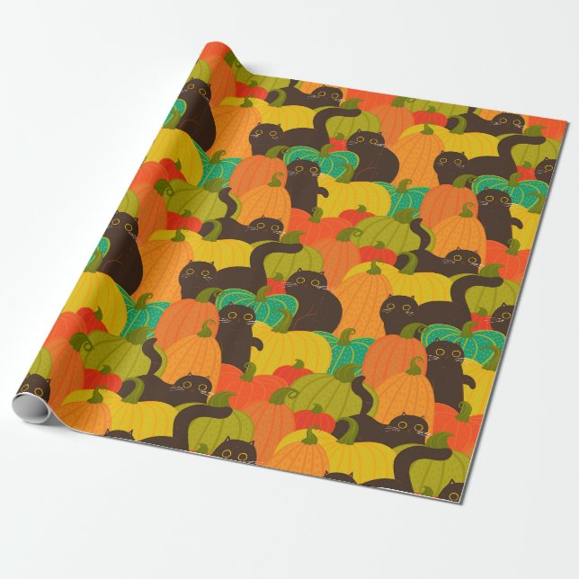 Papier Cadeau Papier d'enveloppement de chats citrouilles (Déroulé)