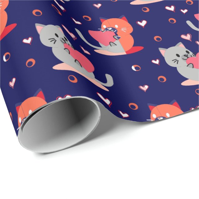 Papier Cadeau Papier d'enveloppement de chats - Coeurs bleus de  (Coin rond)